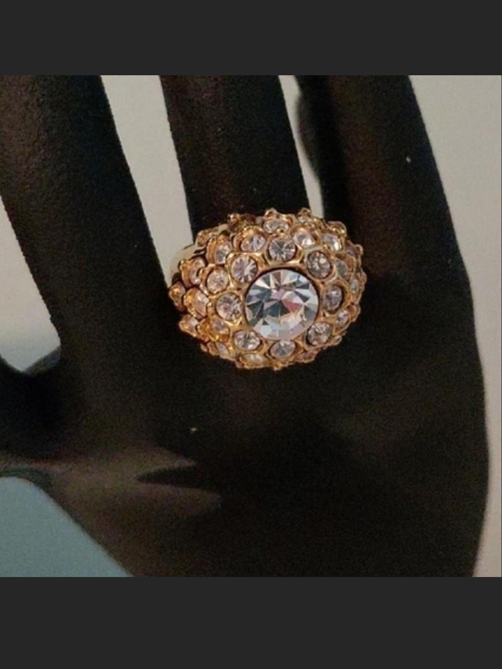 Source Unknown Gold and Clear Crystal Dome Cocktail Ring